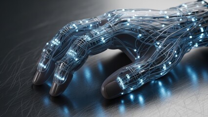 Intricate cybernetic hand with glowing blue wires on a metal surface.