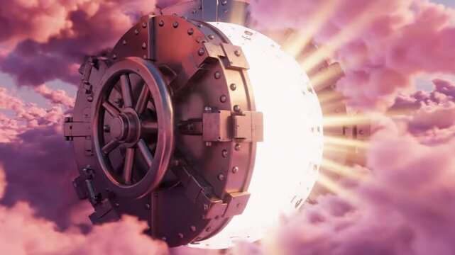 Close-up of a metallic vault door with a wheel handle, set against a bright sunburst in a pink cloudy sky.