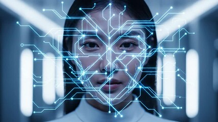 Futuristic Asian Woman Face with Digital Network Overlay. - Powered by Adobe
