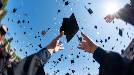 Low angle view of graduates throwing caps into the blue sky. Students celebrating graduation with confetti. Education and success concept