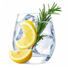 A refreshing cocktail with ice, lemon, and rosemary garnish