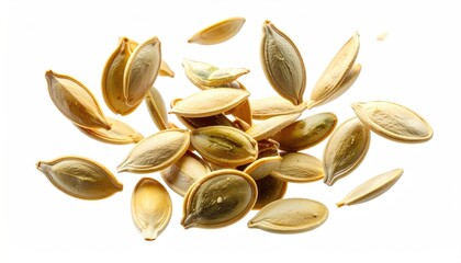 Close-up of roasted, scattered seeds on a white background