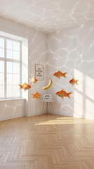 Surreal room interior with floating goldfish and banana. April Fool's Day concept with underwater light caustics. Funny art parody background