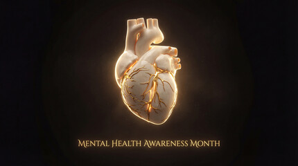 Mental Health Awareness Month banner with 3D ceramic heart. Kintsugi style anatomical heart with gold cracks on black background. Concept of healing, resilience and recovery from depression