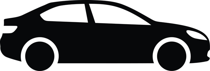 Black silhouette icon of a modern sedan car viewed from the side, isolated on transparent background