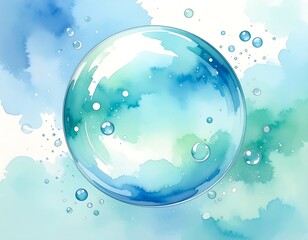 Large transparent sphere with smaller bubbles, watercolored blue and green