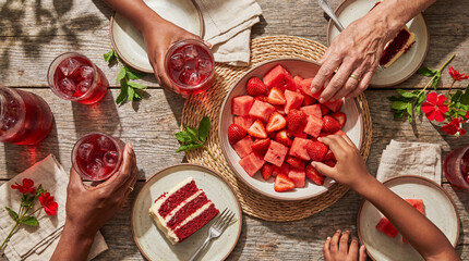 Top view of family hands sharing watermelon and cake on a rustic wooden table. Summer picnic flat lay with red drinks and fruit