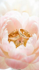 Two gold wedding rings with hammered texture and diamonds inside a pink peony. Romantic marriage and engagement jewelry close up