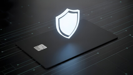 A black credit card with a glowing white shield icon, symbolizing secure online transactions and data protection in a digital environment.