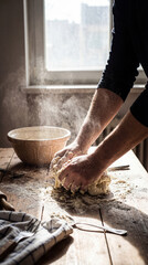 Person kneading dough on a rustic wooden table with flour dust. Homemade bread baking process in a sunlit kitchen. Artisanal food preparation concept