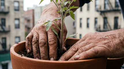 Close-up of elderly hands planting a tomato seedling in a terracotta pot. Senior person gardening on an urban balcony with city buildings in the background. Sustainable living concept