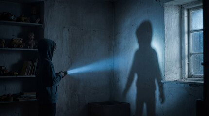 Person in hoodie holding flashlight in a dark room. Large shadow cast on wall in old basement. Mystery and childhood imagination concept. Spooky atmosphere with low light