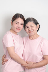 Fototapeta premium Couple woman with pink Shirt for Pink October Breast Cancer Awareness month, May Women Health, women rights, Empowerment, March International Women day, February Valentine, May International Mother