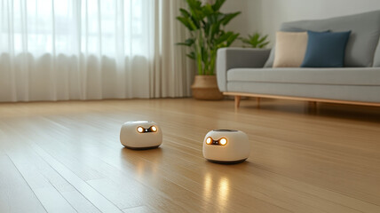 AI robotic pets with glowing eyes playfully interact on wooden floor in modern living room