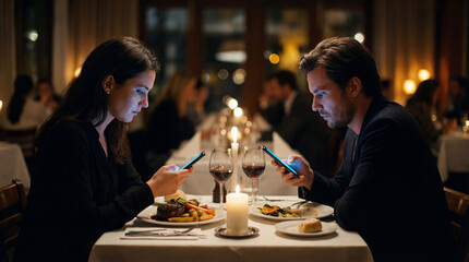 Couple on a date at a restaurant distracted by smartphones. Man and woman ignoring each other while looking at mobile phones during dinner. Phubbing and digital addiction in modern relationships