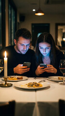 Young couple using smartphones during dinner at a restaurant. Man and woman distracted by mobile phones on a date. Technology addiction and phubbing concept