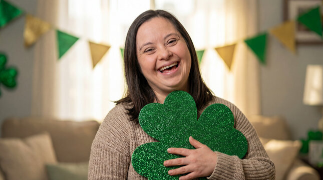 Cheerful woman with down syndrome holding a shamrock while smiling at camera during st. Patrick's day
