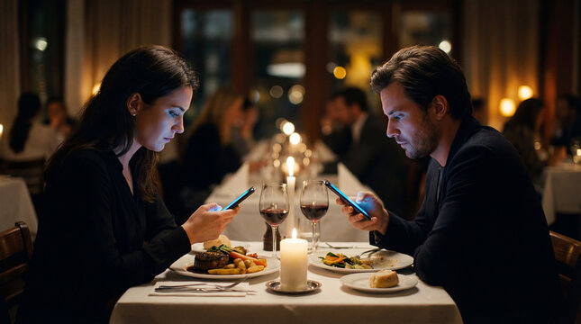 Couple on a date at a restaurant distracted by smartphones. Man and woman ignoring each other while looking at mobile phones during dinner. Phubbing and digital addiction in modern relationships