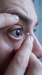 Close up of a man inserting a contact lens into his eye. Vision correction and eye care routine. Ophthalmology and optometry concept