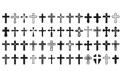 A collection of various black and white cross symbols on a plain background