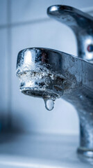 Close-up of a chrome faucet with heavy limescale and mineral buildup. Dripping tap with calcium deposits in a bathroom. Hard water and plumbing maintenance concept
