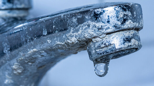 Close up of a chrome faucet with heavy limescale buildup. Dripping tap with hard water mineral deposits. Plumbing maintenance and cleaning concept
