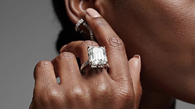 Close-up of a womans hand wearing a large diamond ring and adjusting an earring.
