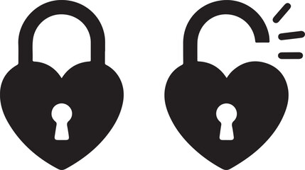 Black isolated icon of locked and unlocked heart shape lock on white background. Set of Silhouette of locked and unlocked heart shape lock. Flat design