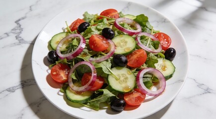 Delicious salad with vegetables and olives served on white marble table, flat lay.