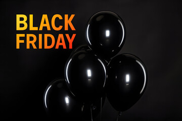Bunch of glossy black balloons isolated on dark background, elegant Black Friday concept for sale promotions and festive advertising