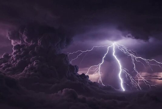 Dramatic lightning strikes illuminate dark stormy clouds, powerful thunderous electrical storm with vivid flashes, dynamic natural phenomenon at night.