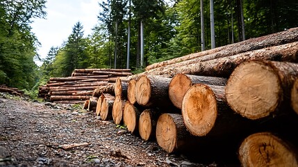 Pine and spruce trees stacked in a forest log pile