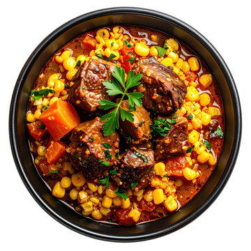 Rupjmaize, traditional Latvian dark rye bread served with a hearty stew, isolated on white background.