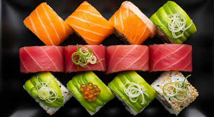 Assorted sushi pieces on a black background including salmon and tuna rolls
