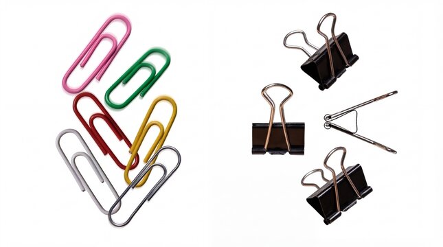 Arrangement of colorful paper clips and black binder clips on a white background, isolated office supplies.