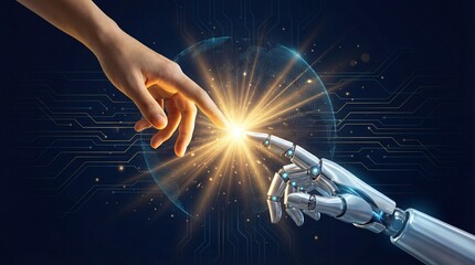 Human and Robotic Hands Gently Touching, Igniting a Brilliant Spark of Future AI Technology and Global Digital Connection