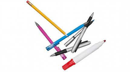 A vibrant and energetic arrangement of writing and drawing instruments, including pens, a pencil, and a marker, captured in mid-air motion.