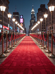 Red carpet with golden rails, spotlights shining, cityscape backdrop,A glamorous entrance capturing prestige and excitement.