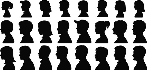 Collection of black silhouettes of people with different hairstyles and headwear
