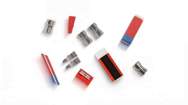 Assorted stationery, including pencil sharpeners and erasers, arranged on a white background for a top-down product photography shot.
