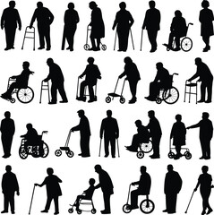 Silhouettes of elderly people using mobility aids and assistive devices black white