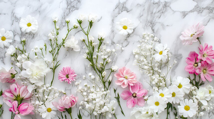 Elegant Pink and White Carnations Arranged on Marble Background for Wedding and Home Decor. 