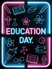 Education day neon sign with school and science icons
