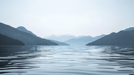 Vast Lake with Calm Water and Distant Hazy Mountains
