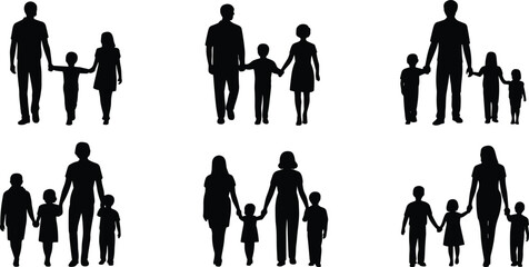 Silhouettes of families holding hands in various compositions and sizes black white