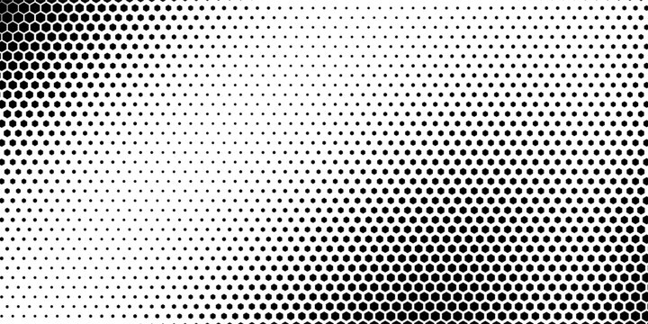 Hexagon halftone gradient texture. Abstract black grunge background. Geometric retro halftone tech overlay. Fading wavy hexagonal pattern backdrop. Vector vanishing honeycomb grunge bitmap wallpaper