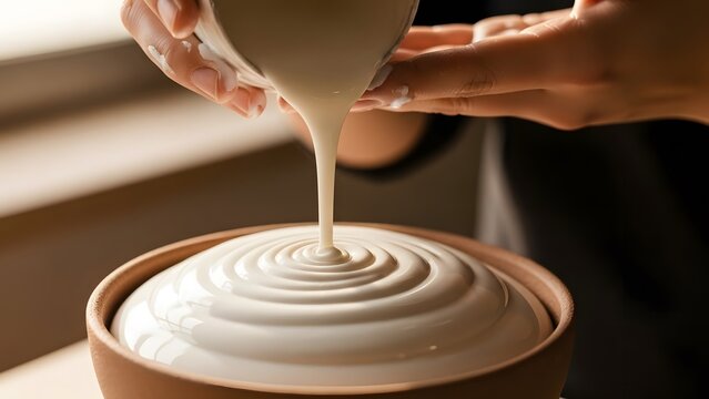 Potter Pouring Clay Slip into Wheel.