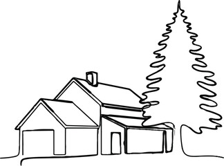 3D vector illustration of a modern house architecture shown with gifts at the door, showcasing a real estate property design with a festive cottage exterior and snow-covered roof.