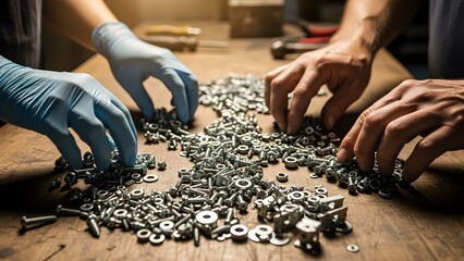 Hands Assembling Mechanical Parts on Workbench.