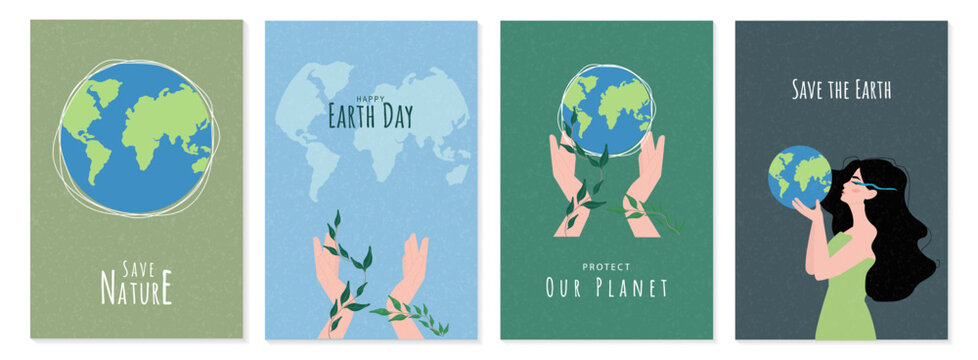 A set of 4 illustrations for Earth Day: planets, hands with plants, and text messages. Vector design for promoting ecology, preserving nature, and protecting our planet.